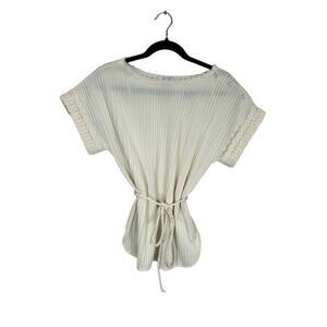 Vintage 70s Miss Kalico Cream Pin Tuck Lace Detail Waist Tie Blouse Top size M